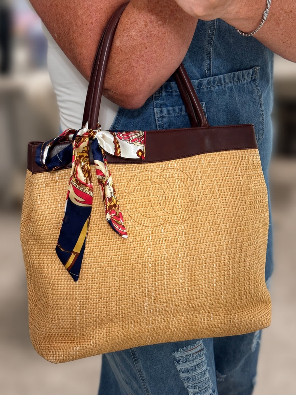 CHANEL Vintage Raffia  Straw Tote with Brown Leather Trim - Picture 2 of 16